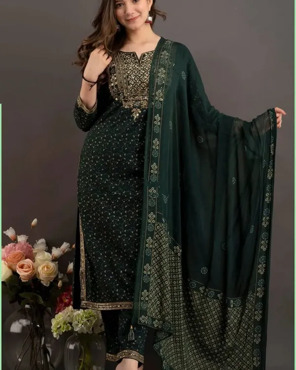 Green_Premium_Embroidered_Rayon_3_Piece_Suit_Set_For_Women