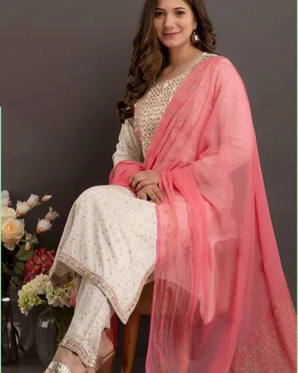 White_Premium_Embroidered_Rayon_3_Piece_Suit_Set_For_Women