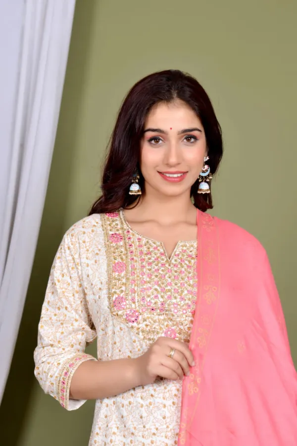 White_Premium_Embroidered_Rayon_3_Piece_Suit_Set_For_Women