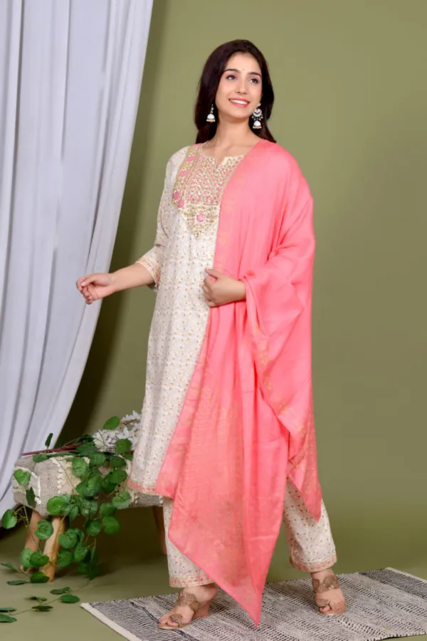 White_Premium_Embroidered_Rayon_3_Piece_Suit_Set_For_Women