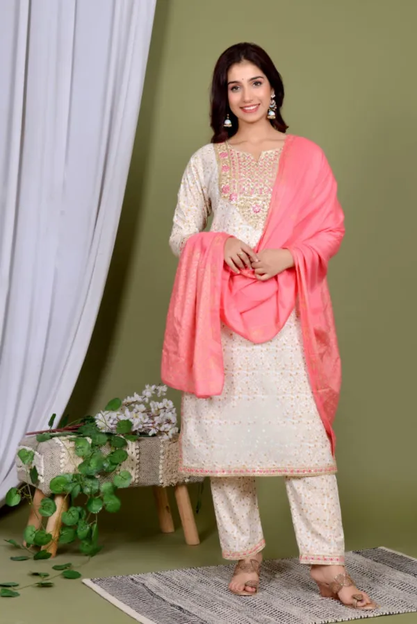 White_Premium_Embroidered_Rayon_3_Piece_Suit_Set_For_Women