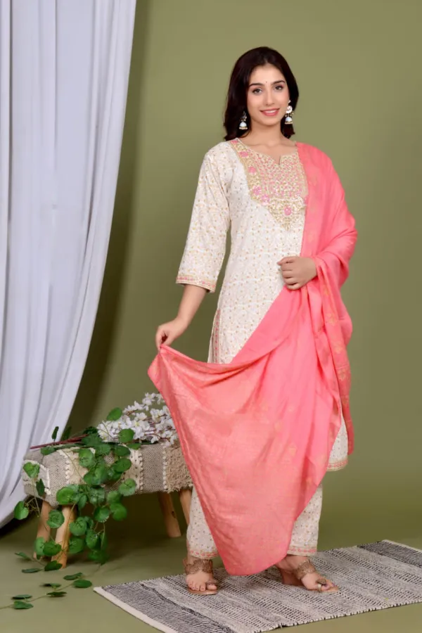 White_Premium_Embroidered_Rayon_3_Piece_Suit_Set_For_Women