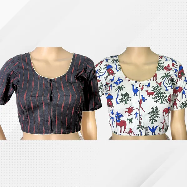Pack_of_2_Cotton_Madhubani_Print_Ready_to_wear_Stitched_Half_Sleeve_Blouse_for_Women