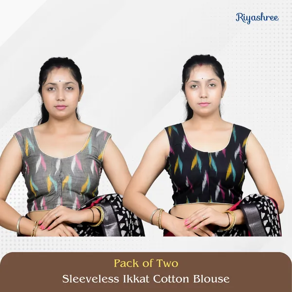 Pack_of_Two_-_Riyashree_Cotton_Ikkat_Print_Sleeveless_Ready-to-Wear_Stitched_Blouse_for_Women