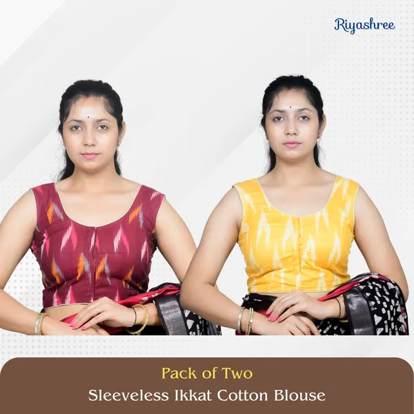 Pack_of_Two_-_Riyashree_Cotton_Ikkat_Print_Sleeveless_Ready-to-Wear_Stitched_Blouse_for_Women