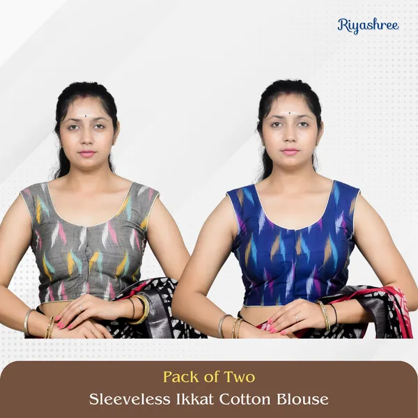 Pack_of_Two_-_Riyashree_Cotton_Ikkat_Print_Sleeveless_Ready-to-Wear_Stitched_Blouse_for_Women