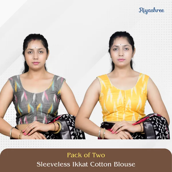 Pack_of_Two_-_Riyashree_Cotton_Ikkat_Print_Sleeveless_Ready-to-Wear_Stitched_Blouse_for_Women