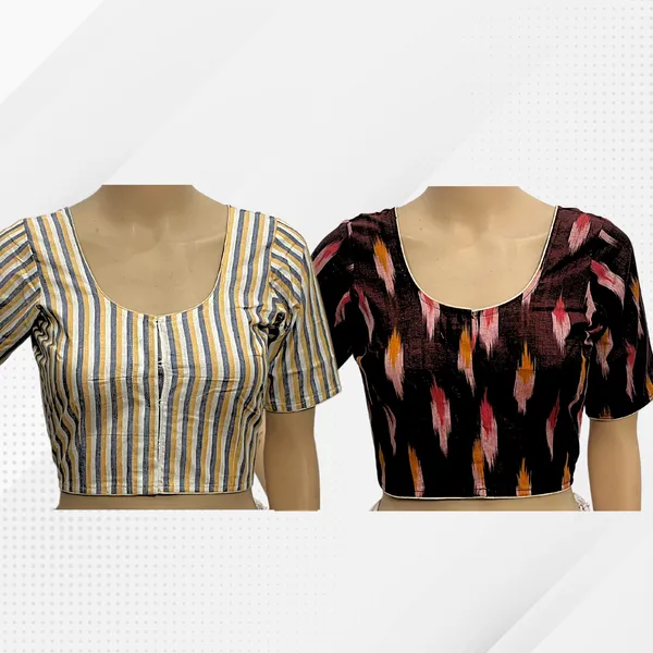 Pack_of_2_Cotton_Ikkat_Print_Ready_to_wear_Stitched_Half_Sleeve_Blouse_for_Women