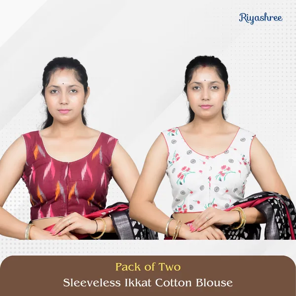 Pack_of_Two_-_Riyashree_Cotton_Ikkat_Print_Sleeveless_Ready-to-Wear_Stitched_Blouse_for_Women