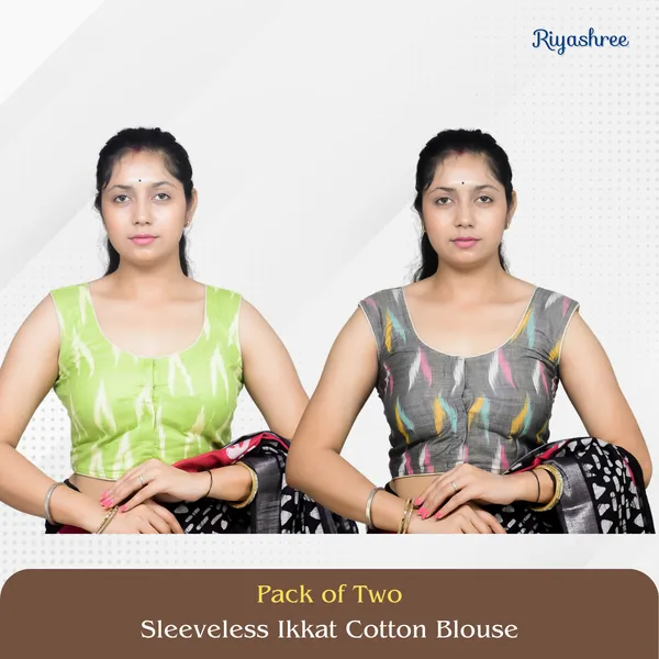 Pack_of_Two_-_Riyashree_Cotton_Ikkat_Print_Sleeveless_Ready-to-Wear_Stitched_Blouse_for_Women