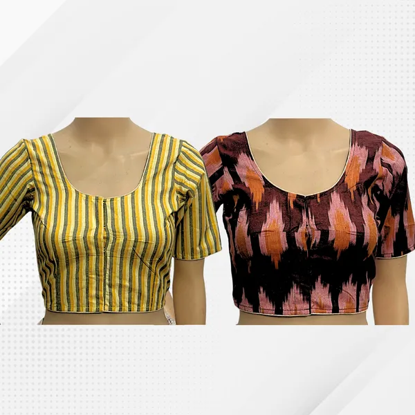 Pack_of_2_Cotton_Ikkat_Print_Ready_to_wear_Stitched_Half_Sleeve_Blouse_for_Women