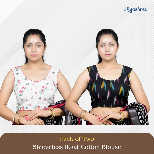 Pack_of_Two_-_Riyashree_Cotton_Ikkat_Print_Sleeveless_Ready-to-Wear_Stitched_Blouse_for_Women