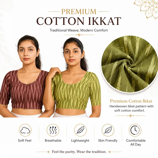 Pack_of_2_Green_and_Red_Cotton_Ikkat_Print_Ready_to_wear_Stitched_Half_Sleeve_Blouse_for_Women