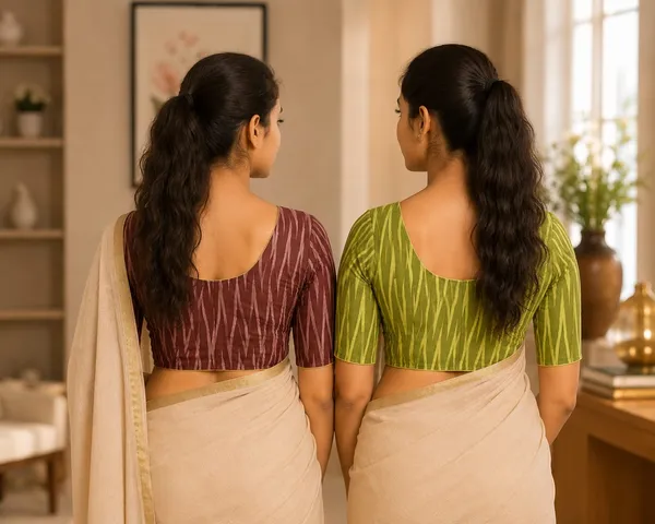 Pack_of_2_Green_and_Red_Cotton_Ikkat_Print_Ready_to_wear_Stitched_Half_Sleeve_Blouse_for_Women