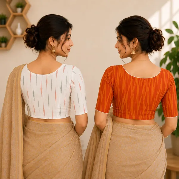 Pack_of_2_Orange_and_White_Cotton_Ikkat_Print_Ready_to_wear_Stitched_Half_Sleeve_Blouse_for_Women