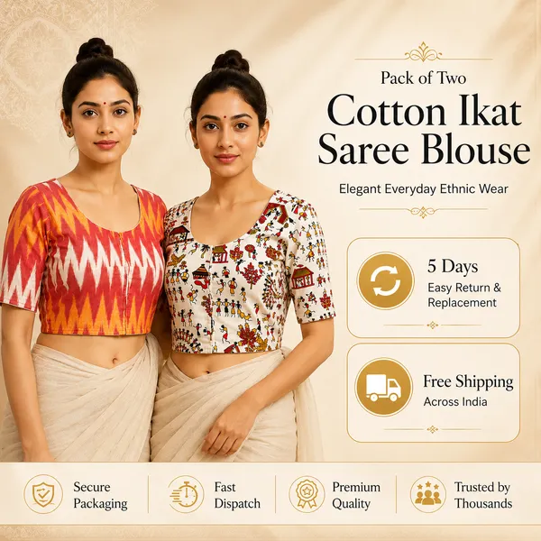 Pack_of_2_Orange_and_Grey_Cotton_Ikkat_Print_Ready_to_wear_Stitched_Half_Sleeve_Blouse_for_Women