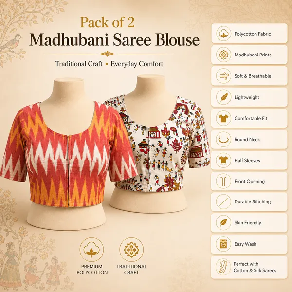 Pack_of_2_Orange_and_Grey_Cotton_Ikkat_Print_Ready_to_wear_Stitched_Half_Sleeve_Blouse_for_Women