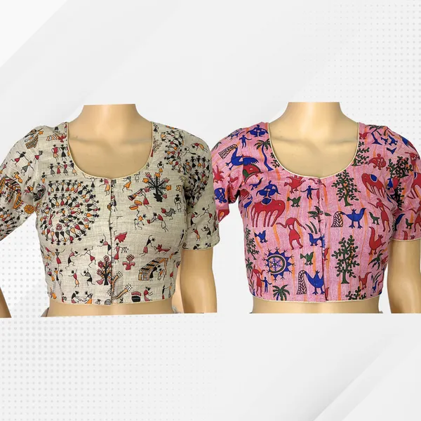 Pack_of_2_Cotton_Madhubani_Print_Ready_to_wear_Stitched_Half_Sleeve_Blouse_for_Women