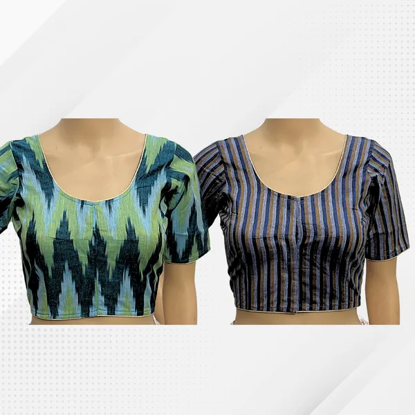 Pack_of_2_Cotton_Ikkat_Print_Ready_to_wear_Stitched_Half_Sleeve_Blouse_for_Women