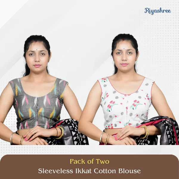 Pack_of_Two_-_Riyashree_Cotton_Ikkat_Print_Sleeveless_Ready-to-Wear_Stitched_Blouse_for_Women
