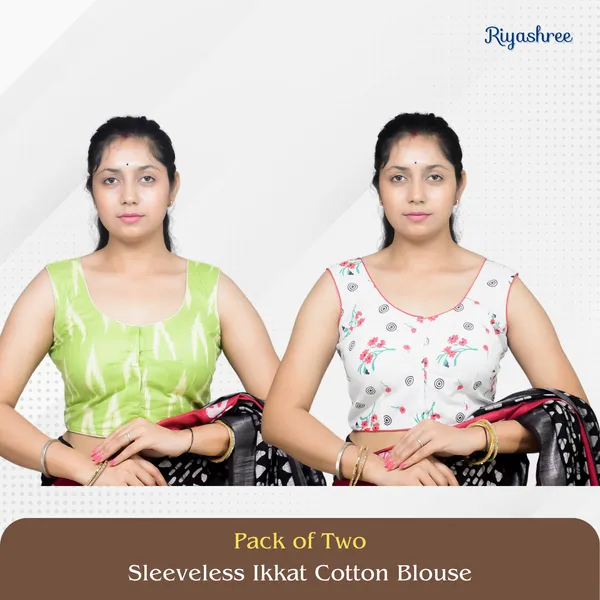 Pack_of_Two_-_Riyashree_Cotton_Ikkat_Print_Sleeveless_Ready-to-Wear_Stitched_Blouse_for_Women