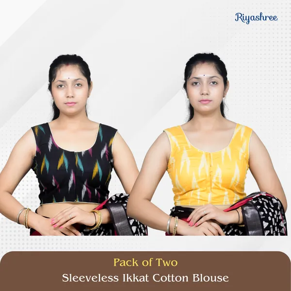 Pack_of_Two_-_Riyashree_Cotton_Ikkat_Print_Sleeveless_Ready-to-Wear_Stitched_Blouse_for_Women