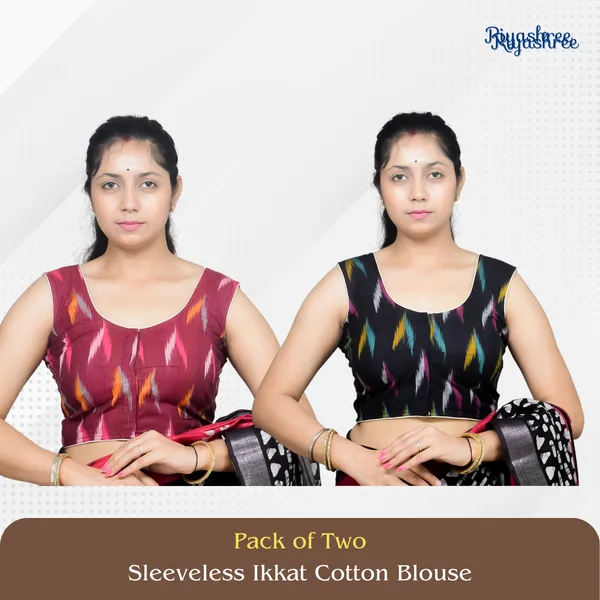 Pack_of_Two_-_Riyashree_Cotton_Ikkat_Print_Sleeveless_Ready-to-Wear_Stitched_Blouse_for_Women