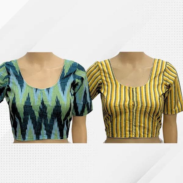 Pack_of_2_Cotton_Ikkat_Print_Ready_to_wear_Stitched_Half_Sleeve_Blouse_for_Women