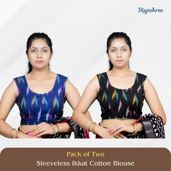 Pack_of_Two_-_Riyashree_Cotton_Ikkat_Print_Sleeveless_Ready-to-Wear_Stitched_Blouse_for_Women