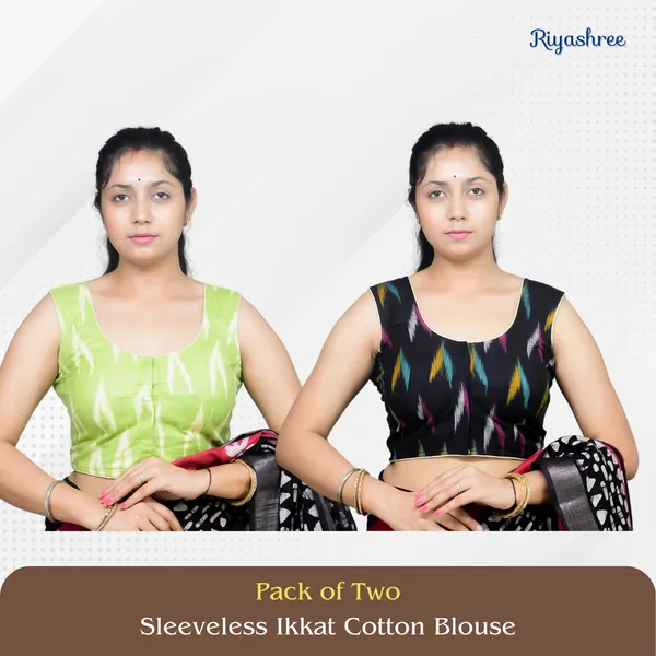 Pack_of_Two_-_Riyashree_Cotton_Ikkat_Print_Sleeveless_Ready-to-Wear_Stitched_Blouse_for_Women