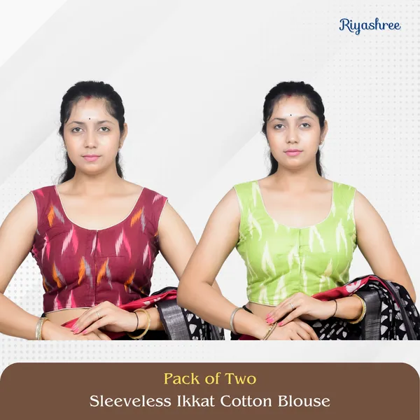Pack_of_Two_-_Riyashree_Cotton_Ikkat_Print_Sleeveless_Ready-to-Wear_Stitched_Blouse_for_Women