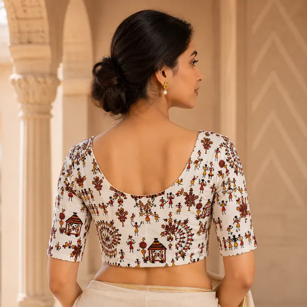 Multicolor_Madhubani_Cotton_Printed_Half_Sleeve_Stitched_Blouse_For_Women