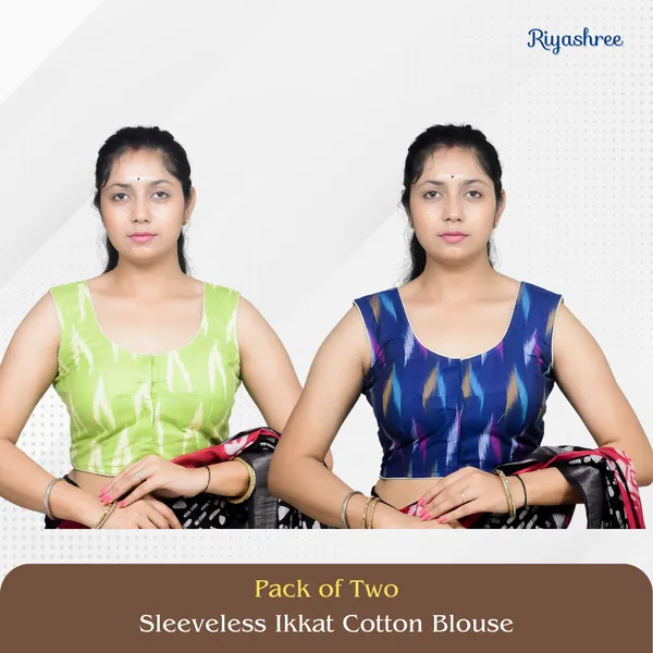 Pack_of_Two_-_Riyashree_Cotton_Ikkat_Print_Sleeveless_Ready-to-Wear_Stitched_Blouse_for_Women