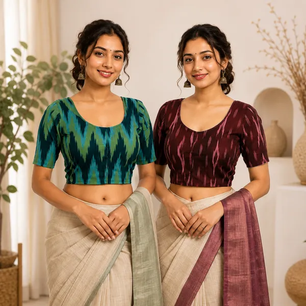 Pack_of_2_Cotton_Ikkat_Print_Ready_to_wear_Stitched_Half_Sleeve_Blouse_for_Women