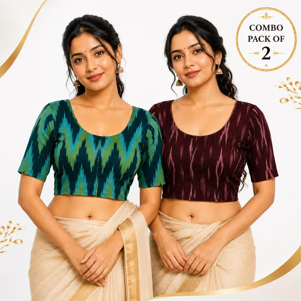 Pack_of_2_Cotton_Ikkat_Print_Ready_to_wear_Stitched_Half_Sleeve_Blouse_for_Women