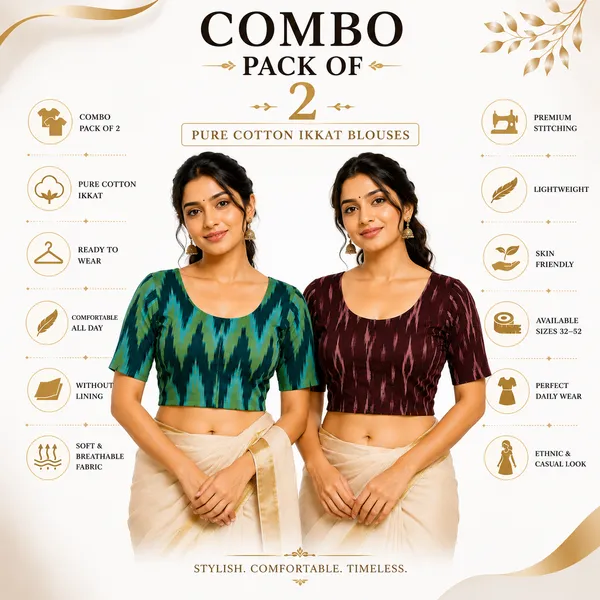 Pack_of_2_Cotton_Ikkat_Print_Ready_to_wear_Stitched_Half_Sleeve_Blouse_for_Women