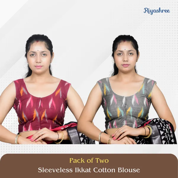 Pack_of_Two_-_Riyashree_Cotton_Ikkat_Print_Sleeveless_Ready-to-Wear_Stitched_Blouse_for_Women