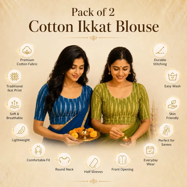 Pack_of_2_Blue_and_Green_Cotton_Ikkat_Print_Ready_to_wear_Stitched_Half_Sleeve_Blouse_for_Women