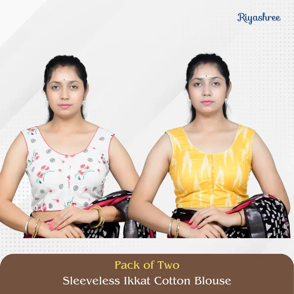 Pack_of_Two_-_Riyashree_Cotton_Ikkat_Print_Sleeveless_Ready-to-Wear_Stitched_Blouse_for_Women