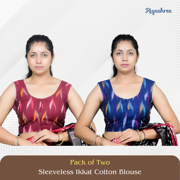Pack_of_Two_-_Riyashree_Cotton_Ikkat_Print_Sleeveless_Ready-to-Wear_Stitched_Blouse_for_Women