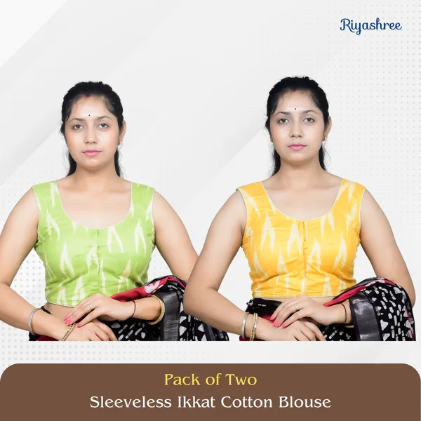 Pack_of_Two_-_Riyashree_Cotton_Ikkat_Print_Sleeveless_Ready-to-Wear_Stitched_Blouse_for_Women