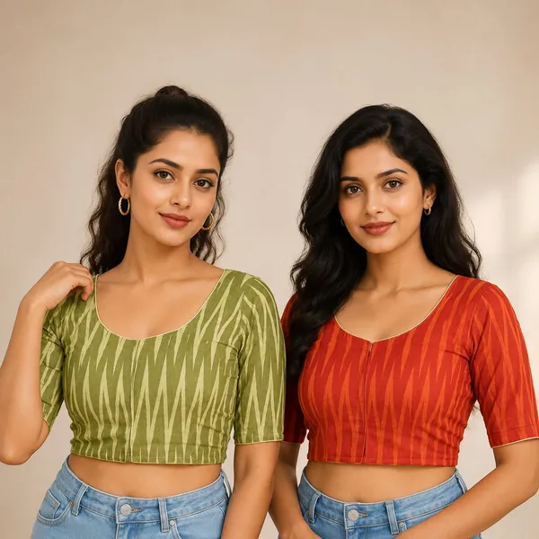 Pack_of_2_Orange_and_Green_Cotton_Ikkat_Print_Ready_to_wear_Stitched_Half_Sleeve_Blouse_for_Women