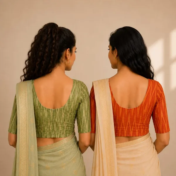 Pack_of_2_Orange_and_Green_Cotton_Ikkat_Print_Ready_to_wear_Stitched_Half_Sleeve_Blouse_for_Women