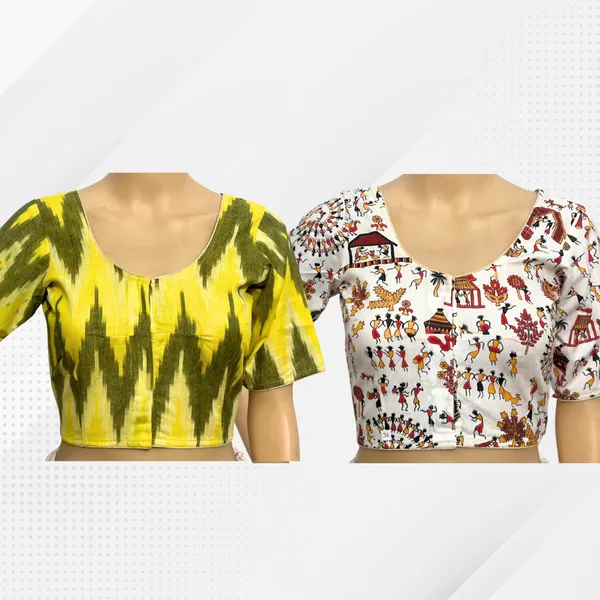Pack_of_2_Orange_and_Grey_Cotton_Ikkat_Print_Ready_to_wear_Stitched_Half_Sleeve_Blouse_for_Women