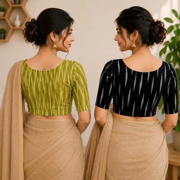 Pack_of_2_Black_and_Green_Cotton_Ikkat_Print_Ready_to_wear_Stitched_Half_Sleeve_Blouse_for_Women