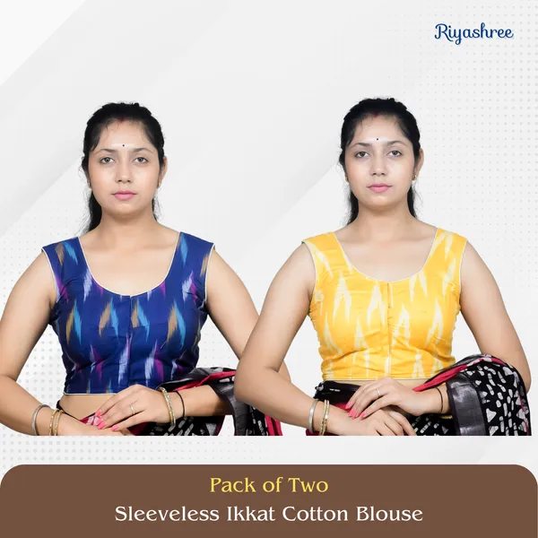 Pack_of_Two_-_Riyashree_Cotton_Ikkat_Print_Sleeveless_Ready-to-Wear_Stitched_Blouse_for_Women