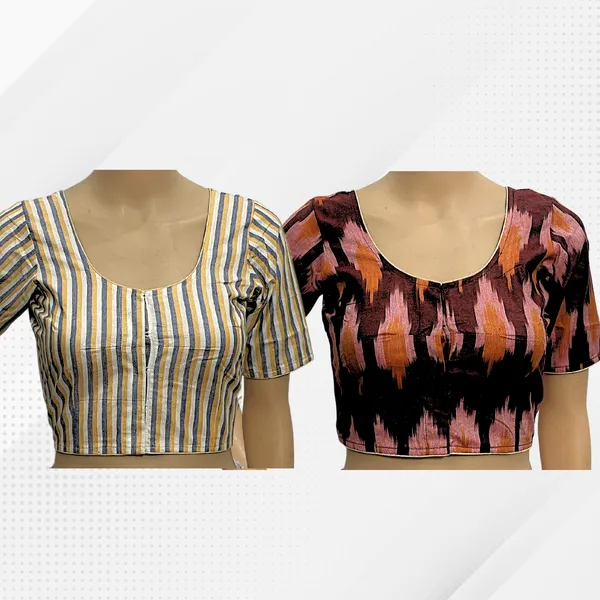 Pack_of_2_Cotton_Ikkat_Print_Ready_to_wear_Stitched_Half_Sleeve_Blouse_for_Women