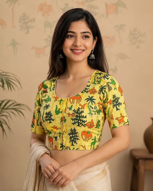 Multicolor_Madhubani_Cotton_Printed_Half_Sleeve_Stitched_Blouse_For_Women