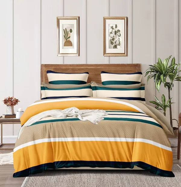 Multi_Yellow_Microfibre_Geometric_Print_Queen_Size_245*230_Cm_Flat_Bedsheet_with_Pillow_Covers
