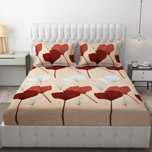 Beige_Microfibre_Floral_Big_Print_Print_Queen_Size_245*230_Cm_Flat_Bedsheet_with_Pillow_Covers